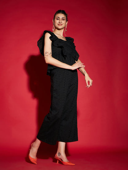 Women Black Schiffli Peplum Top With Palazzos