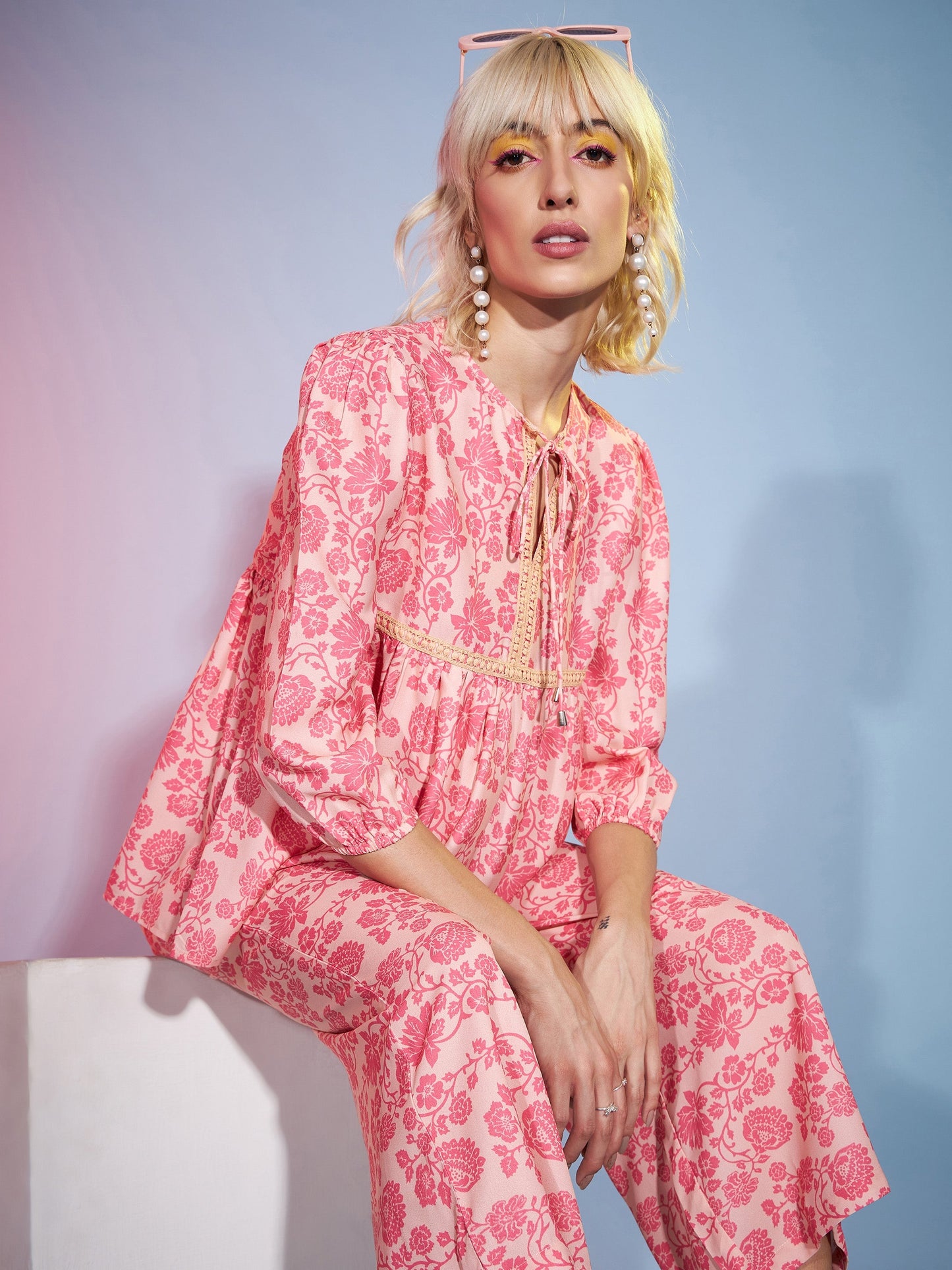 Peach Floral Lace Peplum Top With Straight Pants