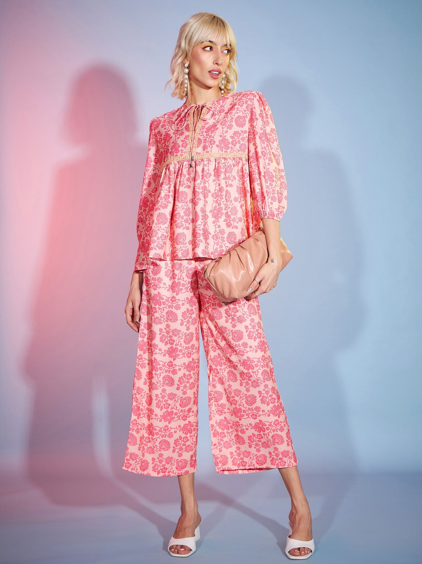 Peach Floral Lace Peplum Top With Straight Pants