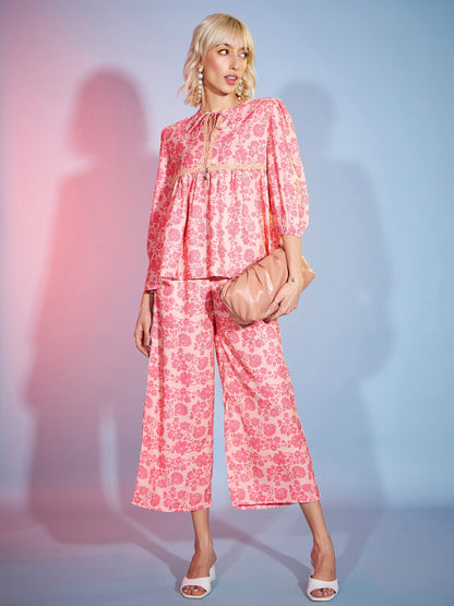 Peach Floral Lace Peplum Top With Straight Pants