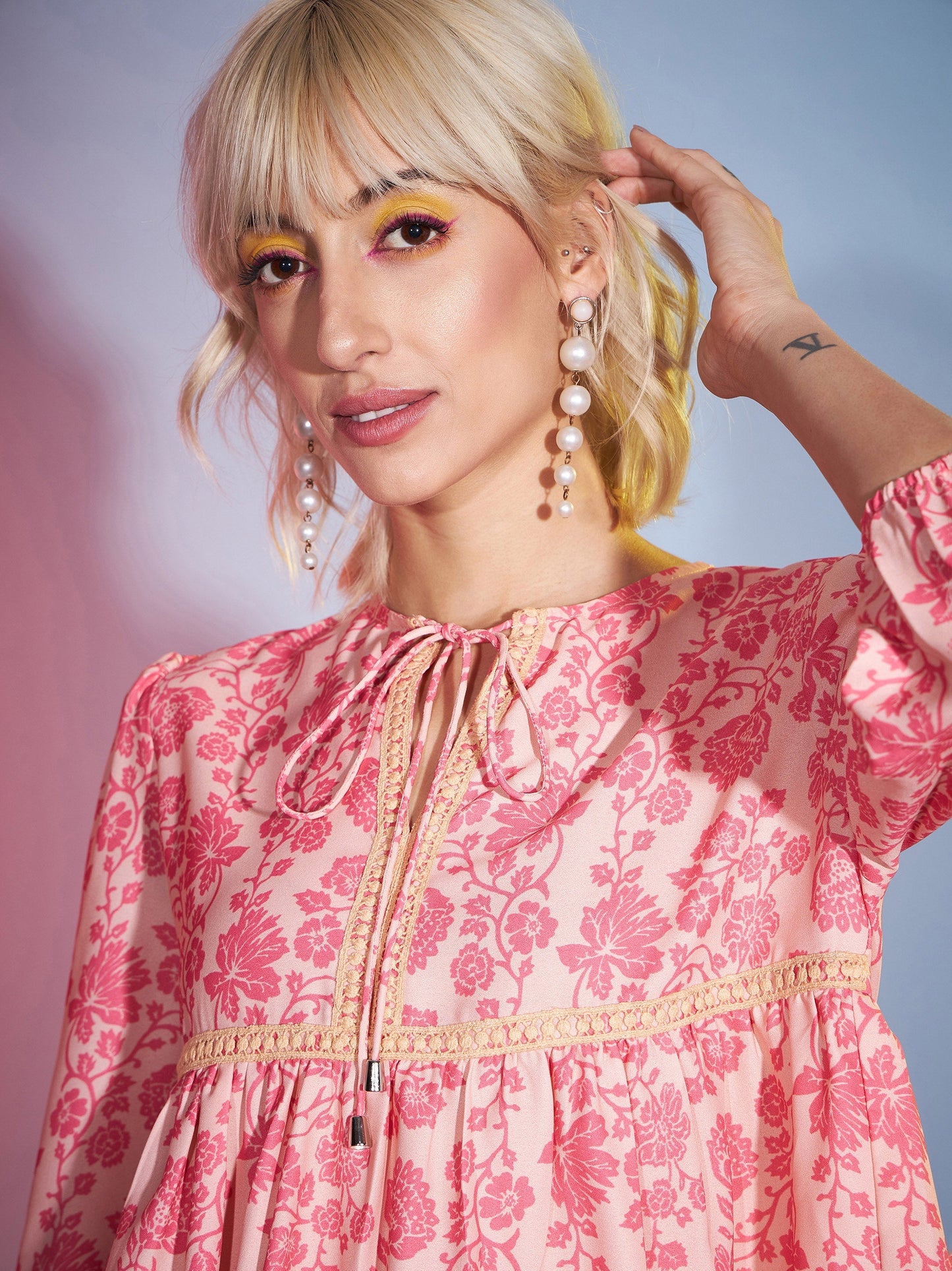 Peach Floral Lace Peplum Top With Straight Pants