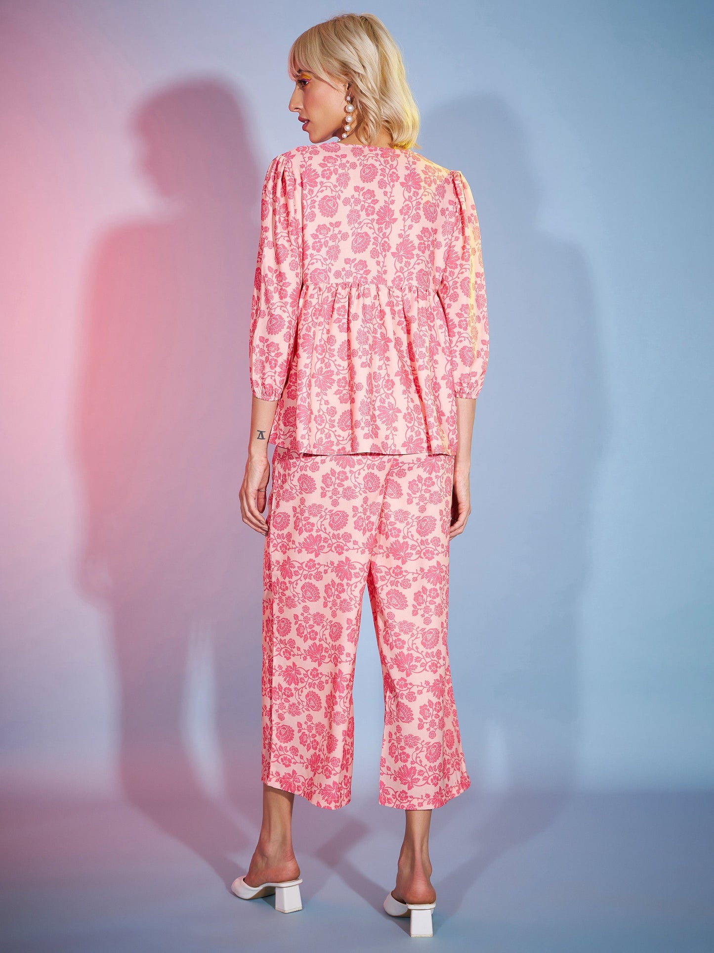 Peach Floral Lace Peplum Top With Straight Pants