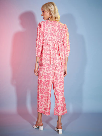 Peach Floral Lace Peplum Top With Straight Pants