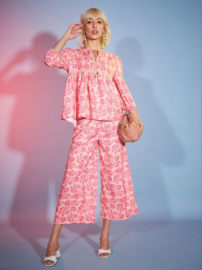 Peach Floral Lace Peplum Top With Straight Pants