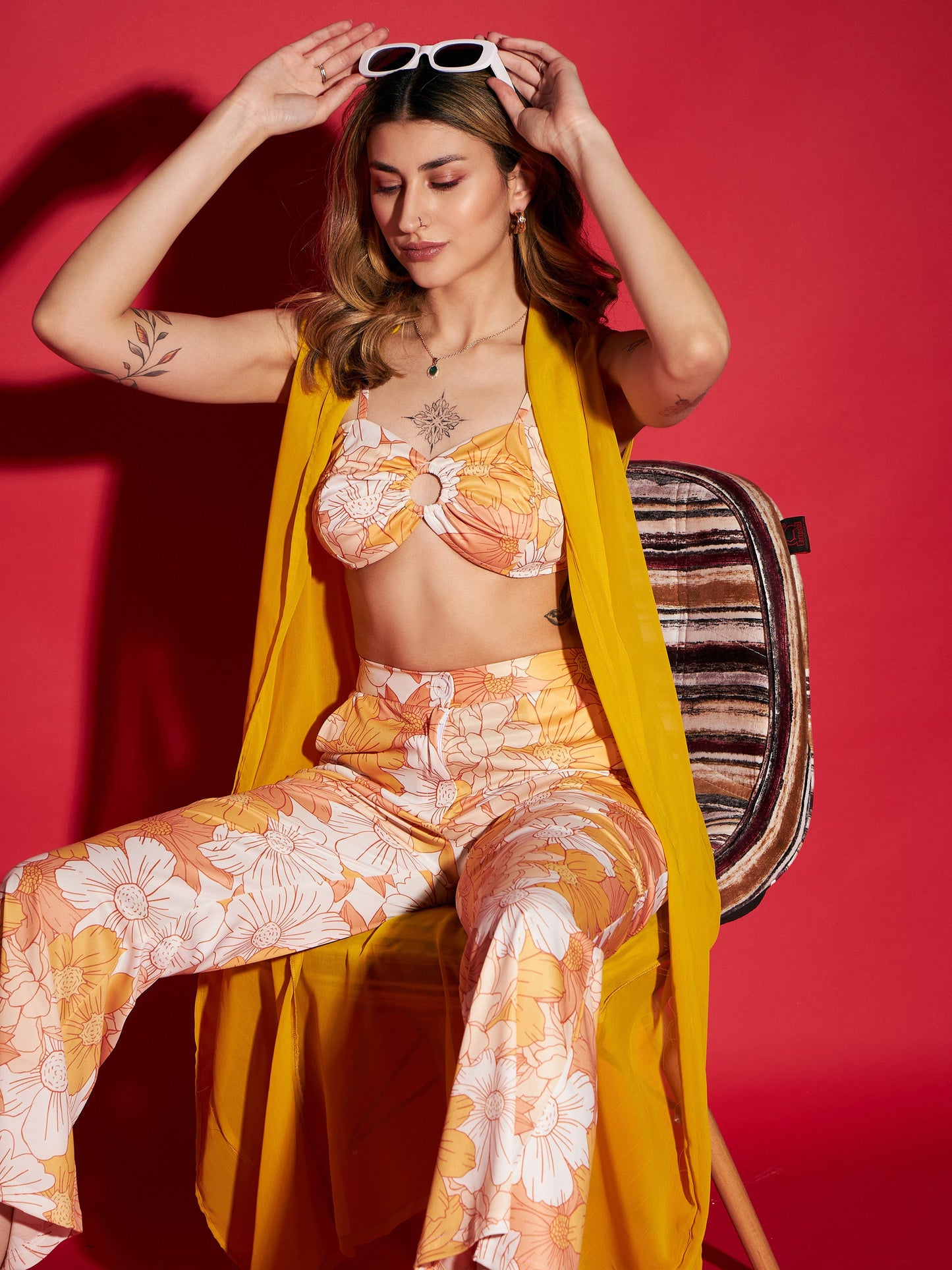 Mustard Floral Crop Top With Pants & Shrug