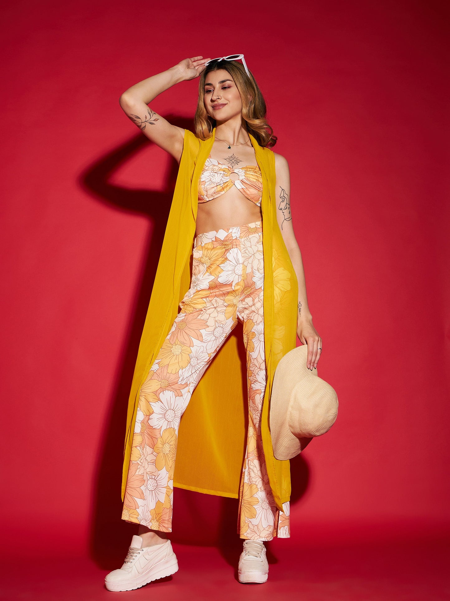 Mustard Floral Crop Top With Pants & Shrug