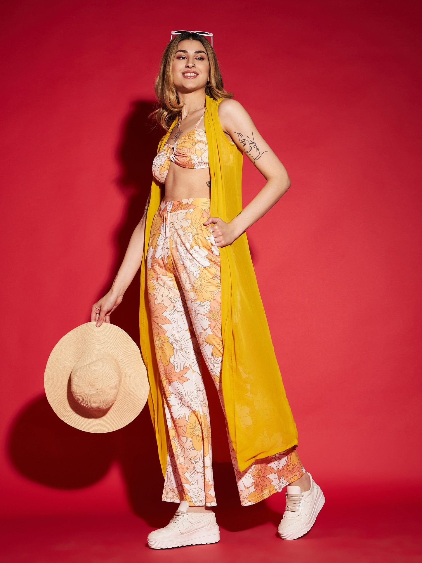 Mustard Floral Crop Top With Pants & Shrug