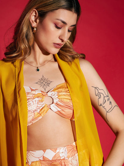 Mustard Floral Crop Top With Pants & Shrug