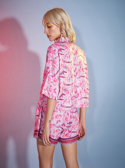 Pink Floral Boxy Shirt With Paperback Shorts