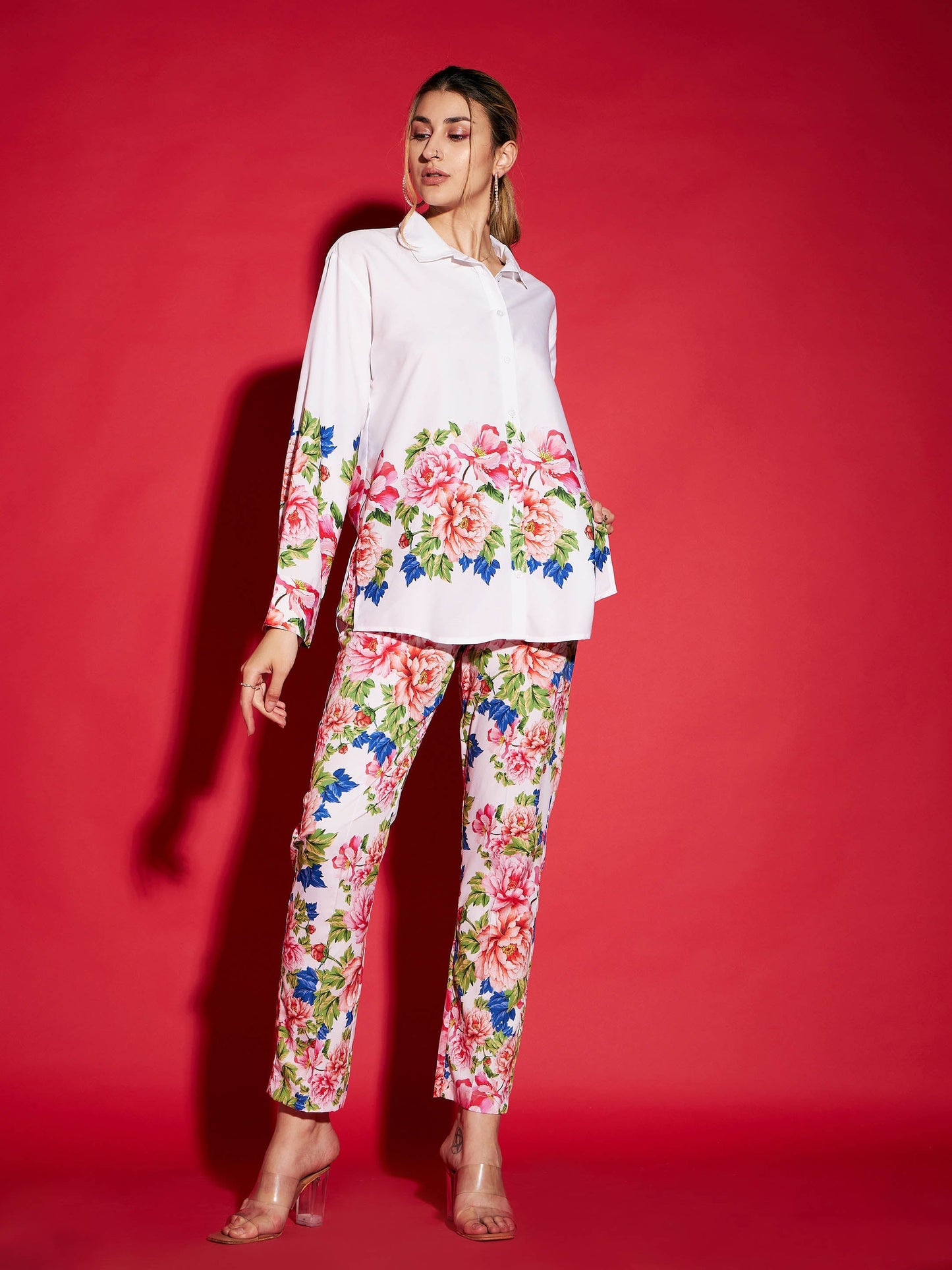 White Floral Oversized Shirt With Tapered Pants
