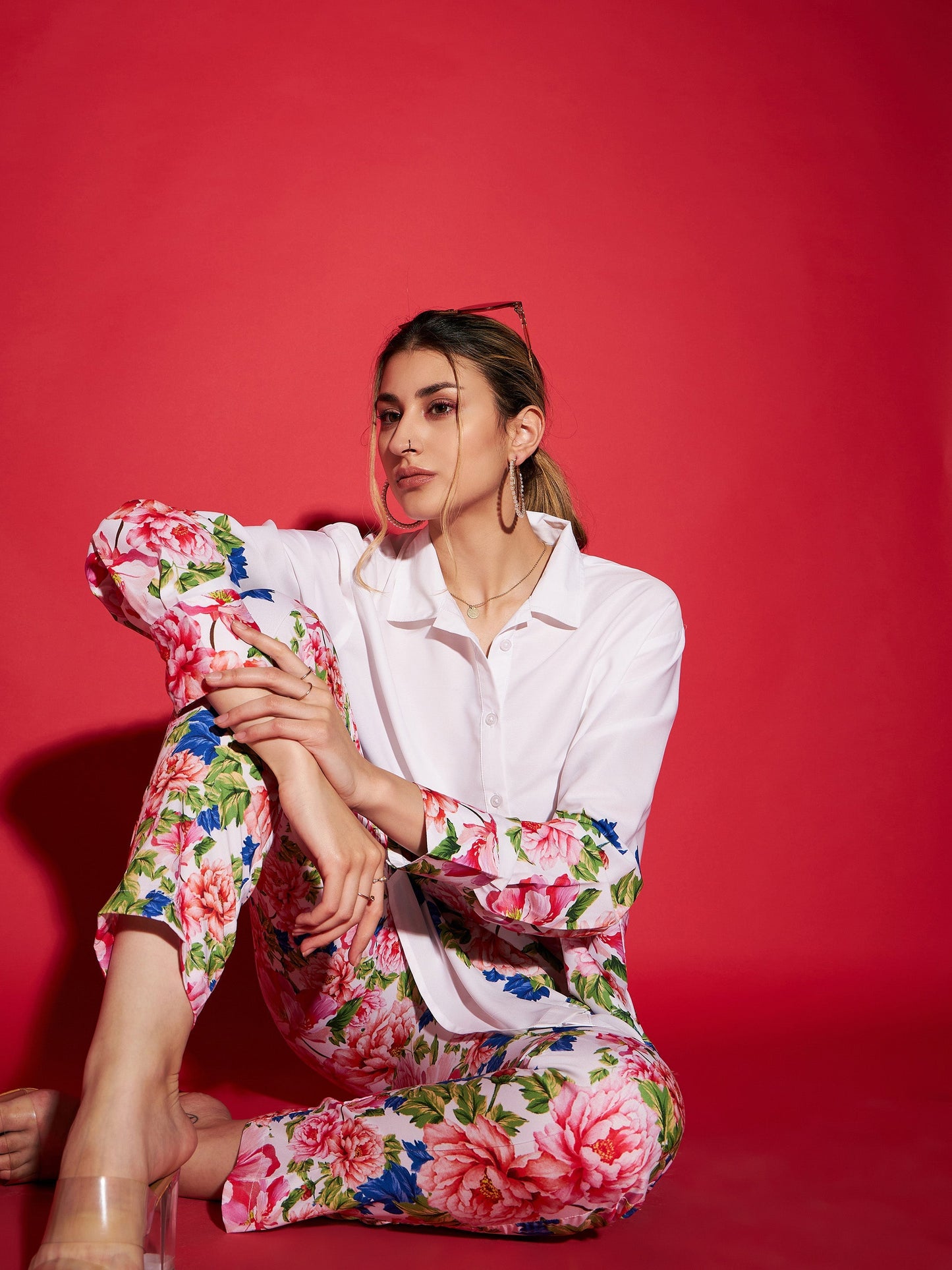 White Floral Oversized Shirt With Tapered Pants