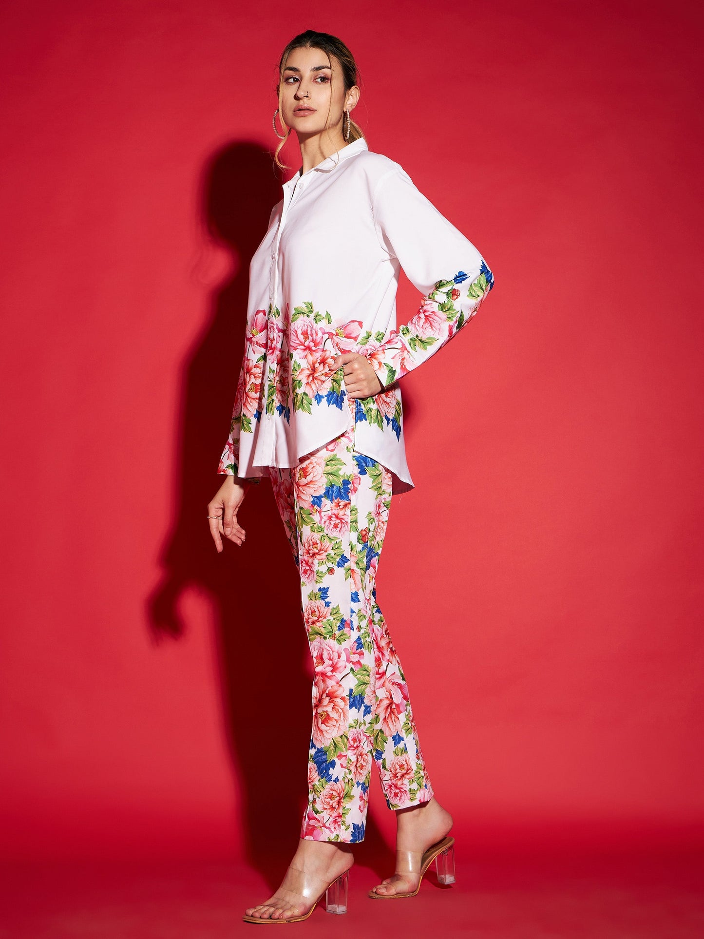 White Floral Oversized Shirt With Tapered Pants