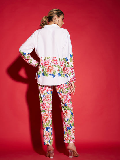 White Floral Oversized Shirt With Tapered Pants