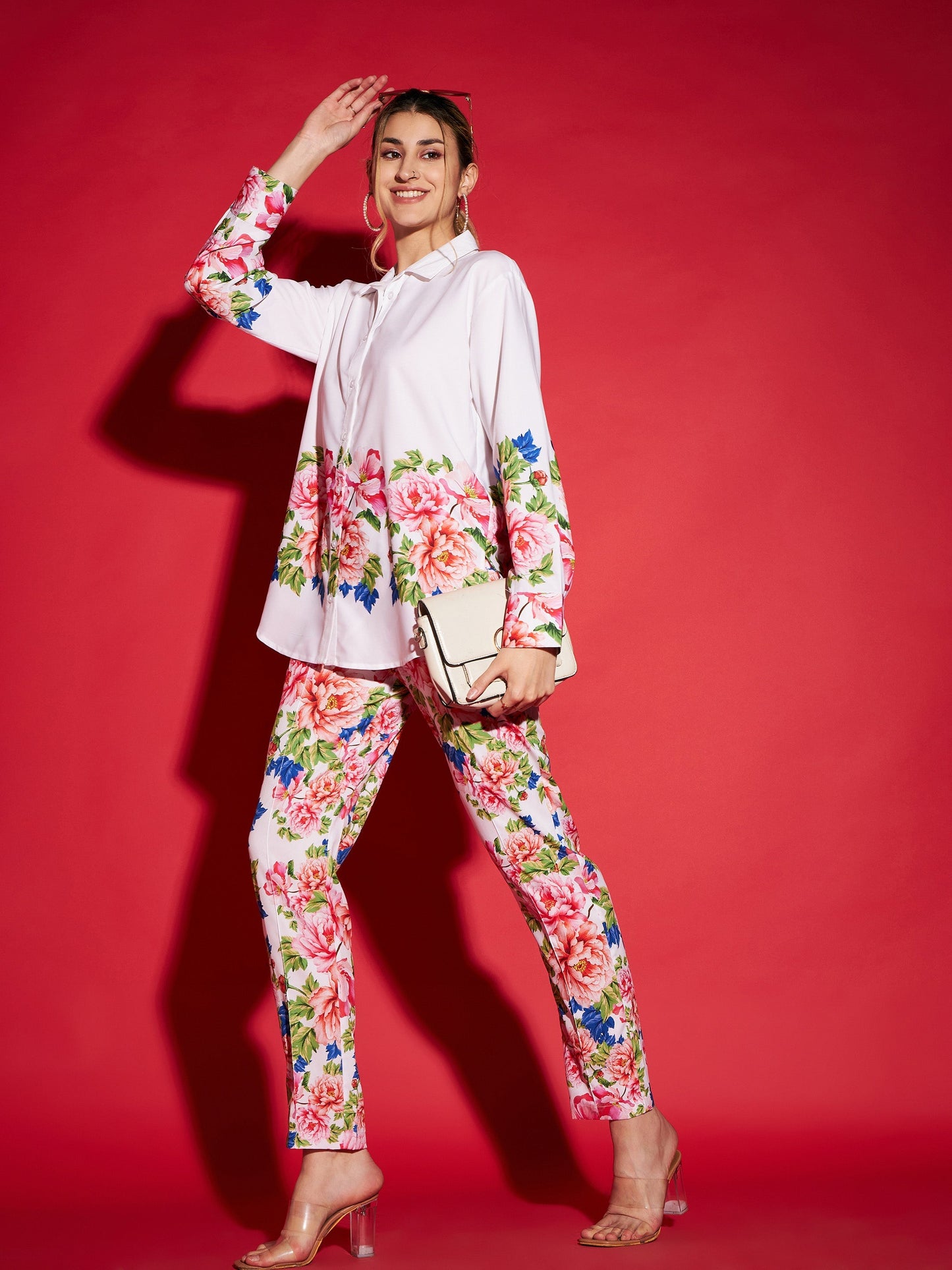 White Floral Oversized Shirt With Tapered Pants
