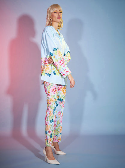 Women Turquoise Floral Oversized Shirt With Tapered Pants