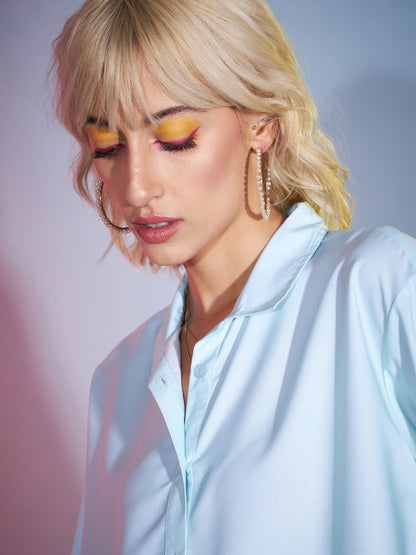 Women Turquoise Floral Oversized Shirt With Tapered Pants