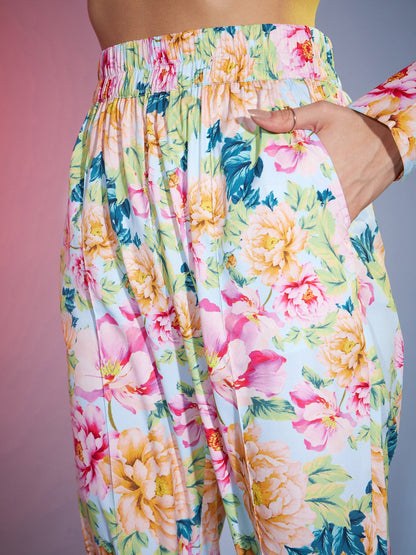 Women Turquoise Floral Oversized Shirt With Tapered Pants