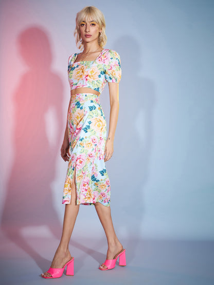 Turquoise Floral Wrap Crop Top With Midi Skirt