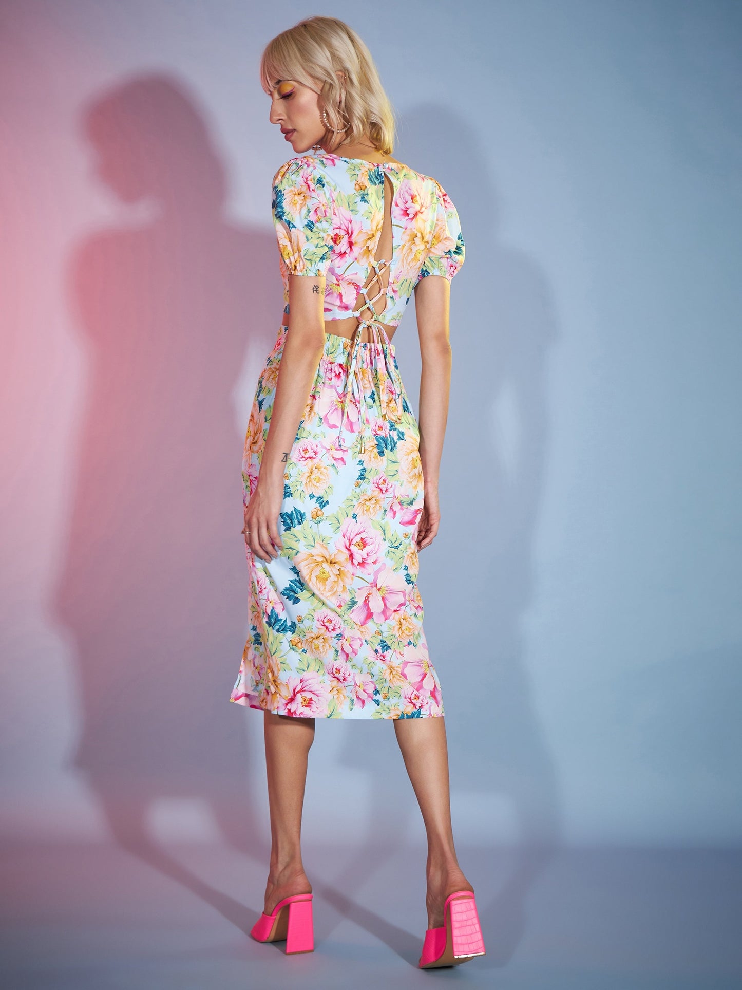 Turquoise Floral Wrap Crop Top With Midi Skirt