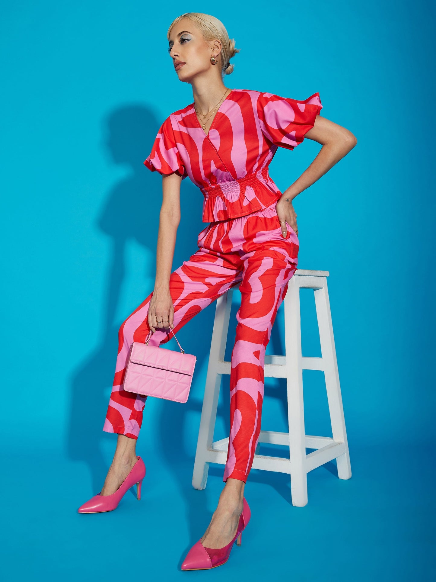 Pink Abstract Print Peplum Top With Tapered Pants