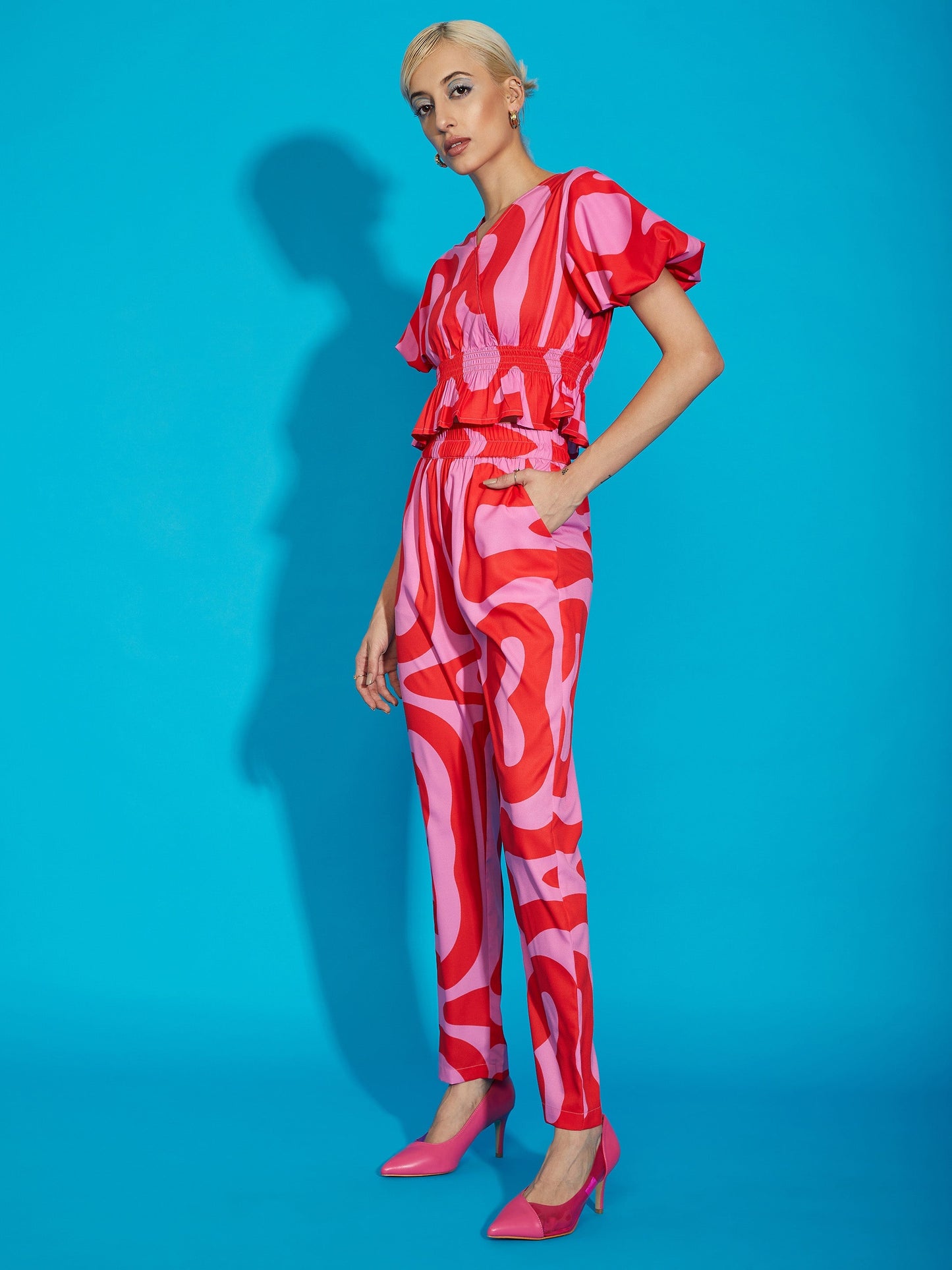 Pink Abstract Print Peplum Top With Tapered Pants