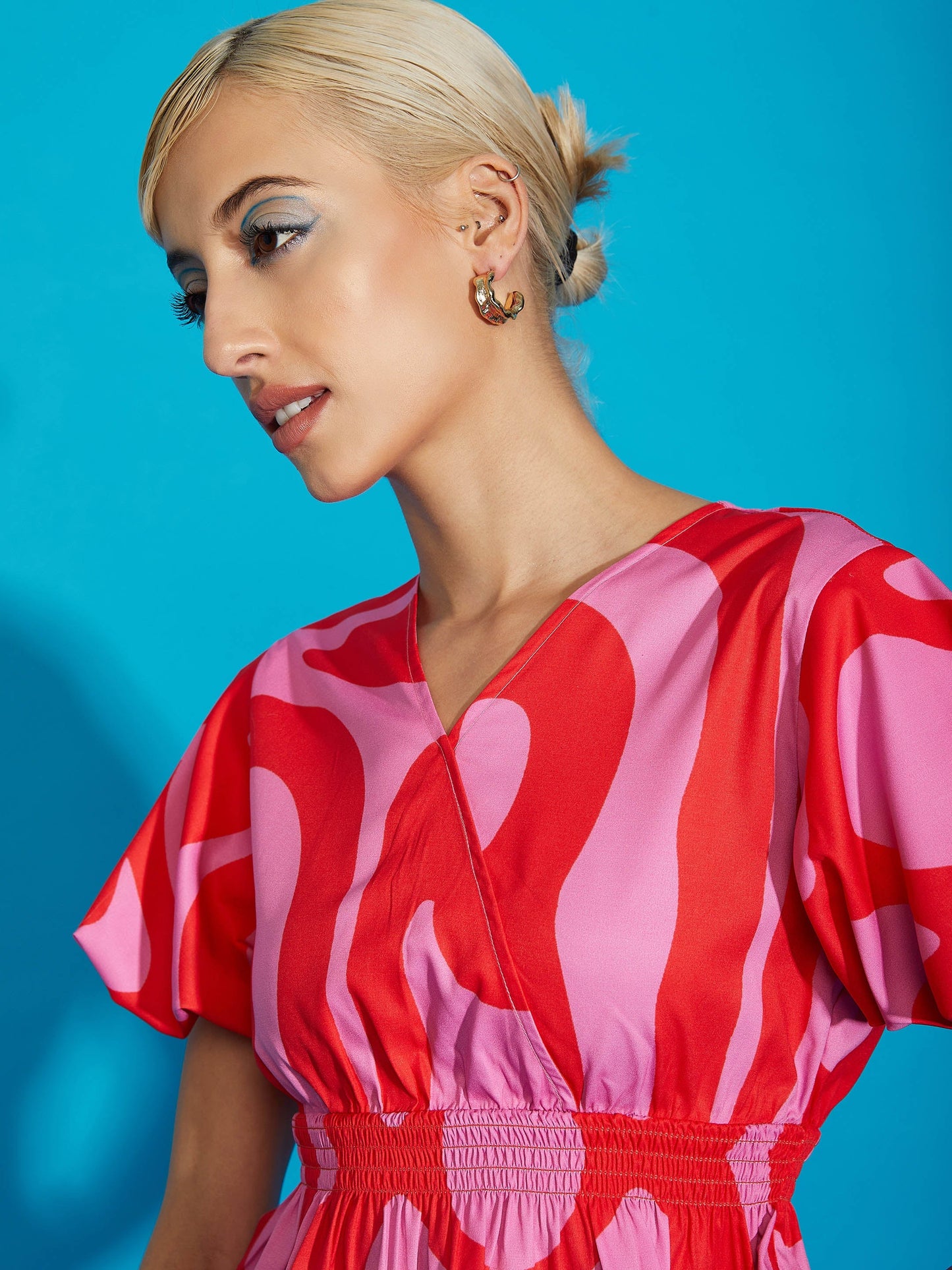 Pink Abstract Print Peplum Top With Tapered Pants