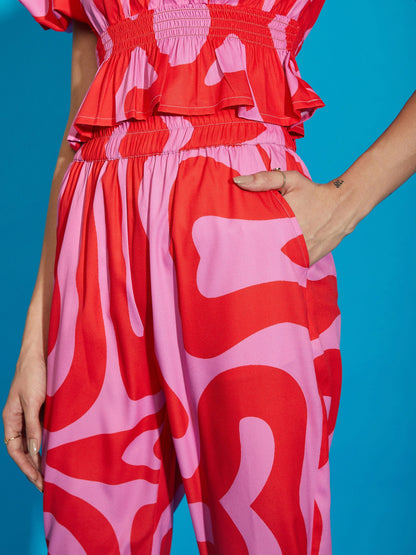 Pink Abstract Print Peplum Top With Tapered Pants