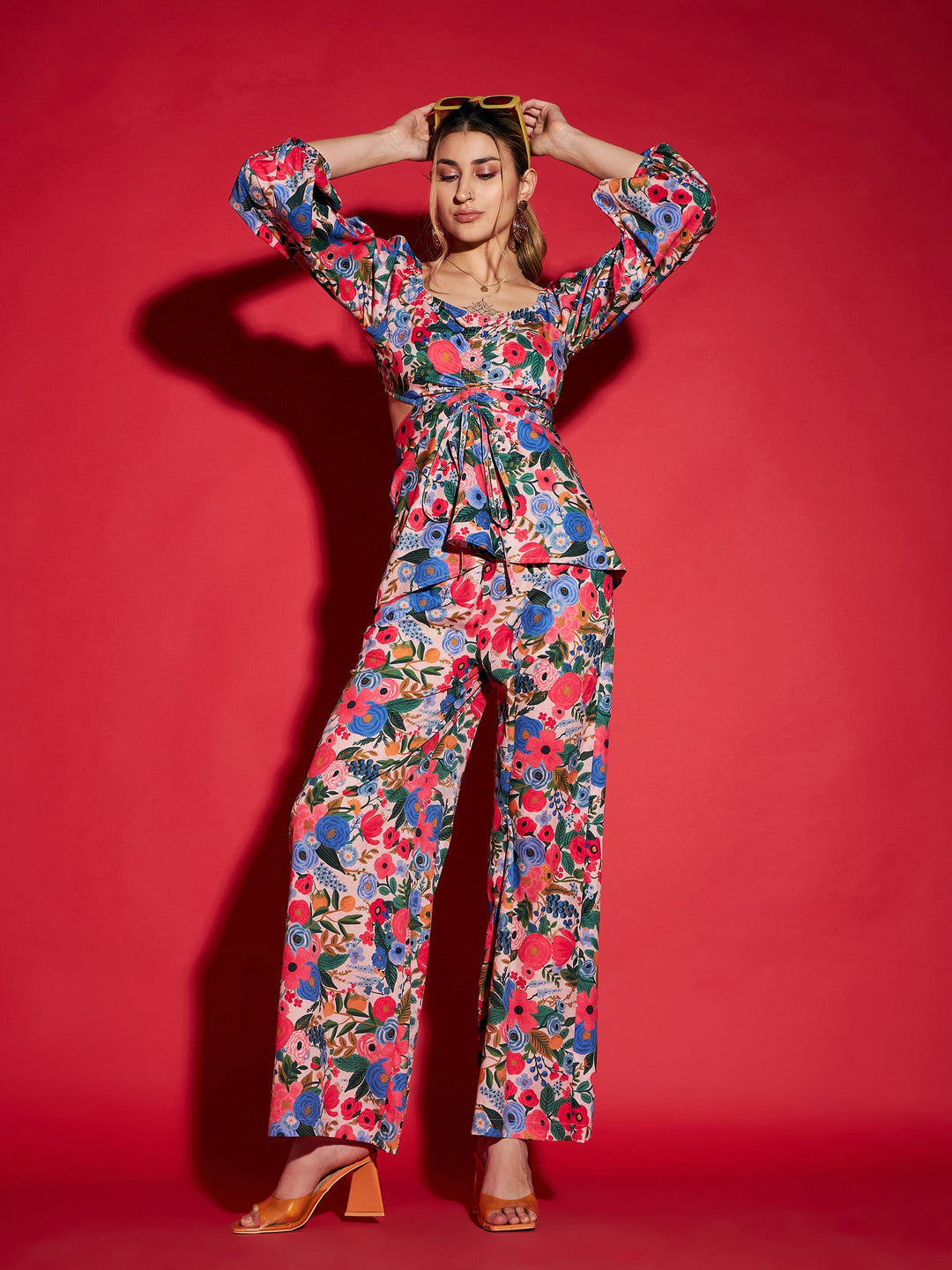 Women's Women Multi Floral Peplum Top With Straight Pants in Crepe by Sassafras for wholesale, bulk, supplier, manufacturer and wholesaler buyers from Trendphoria