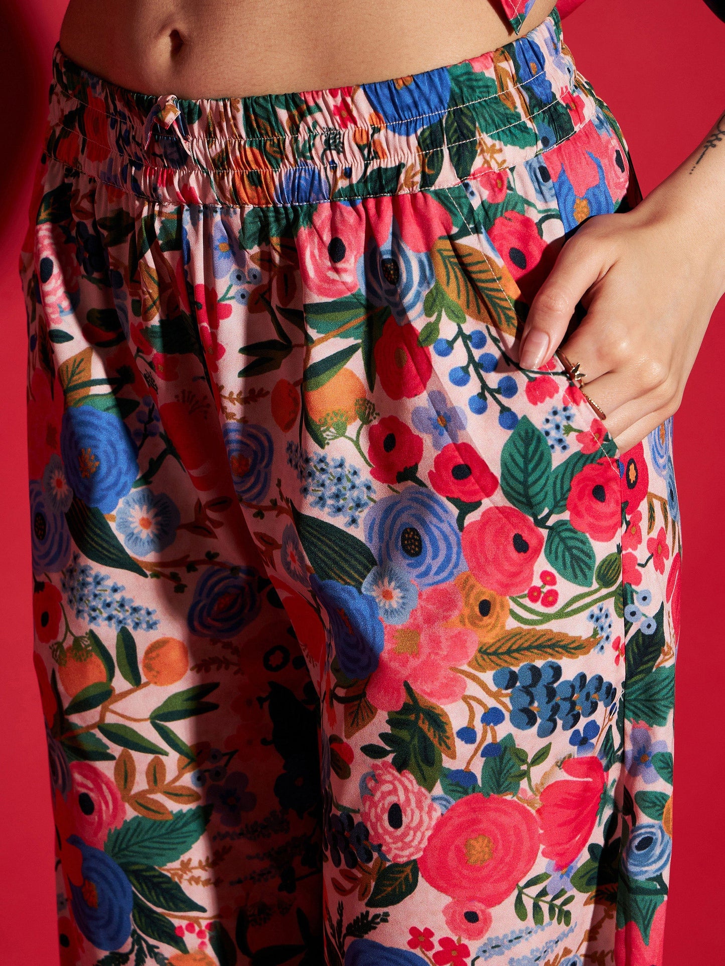 Women Multi Floral Peplum Top With Straight Pants