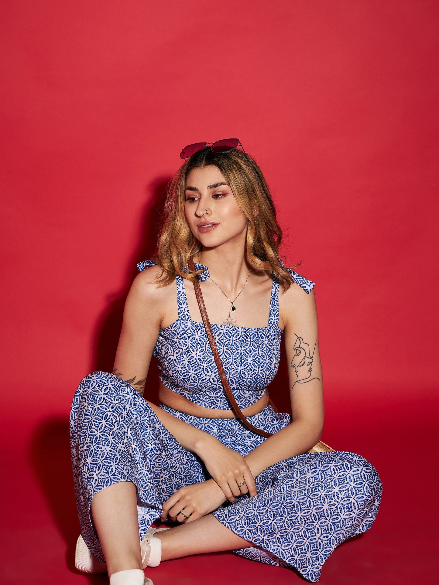 Women Blue Mughal Print Crop Top With Straight Pants