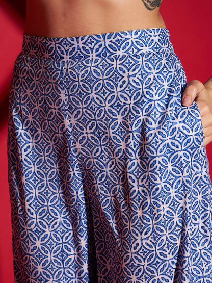 Women Blue Mughal Print Crop Top With Straight Pants