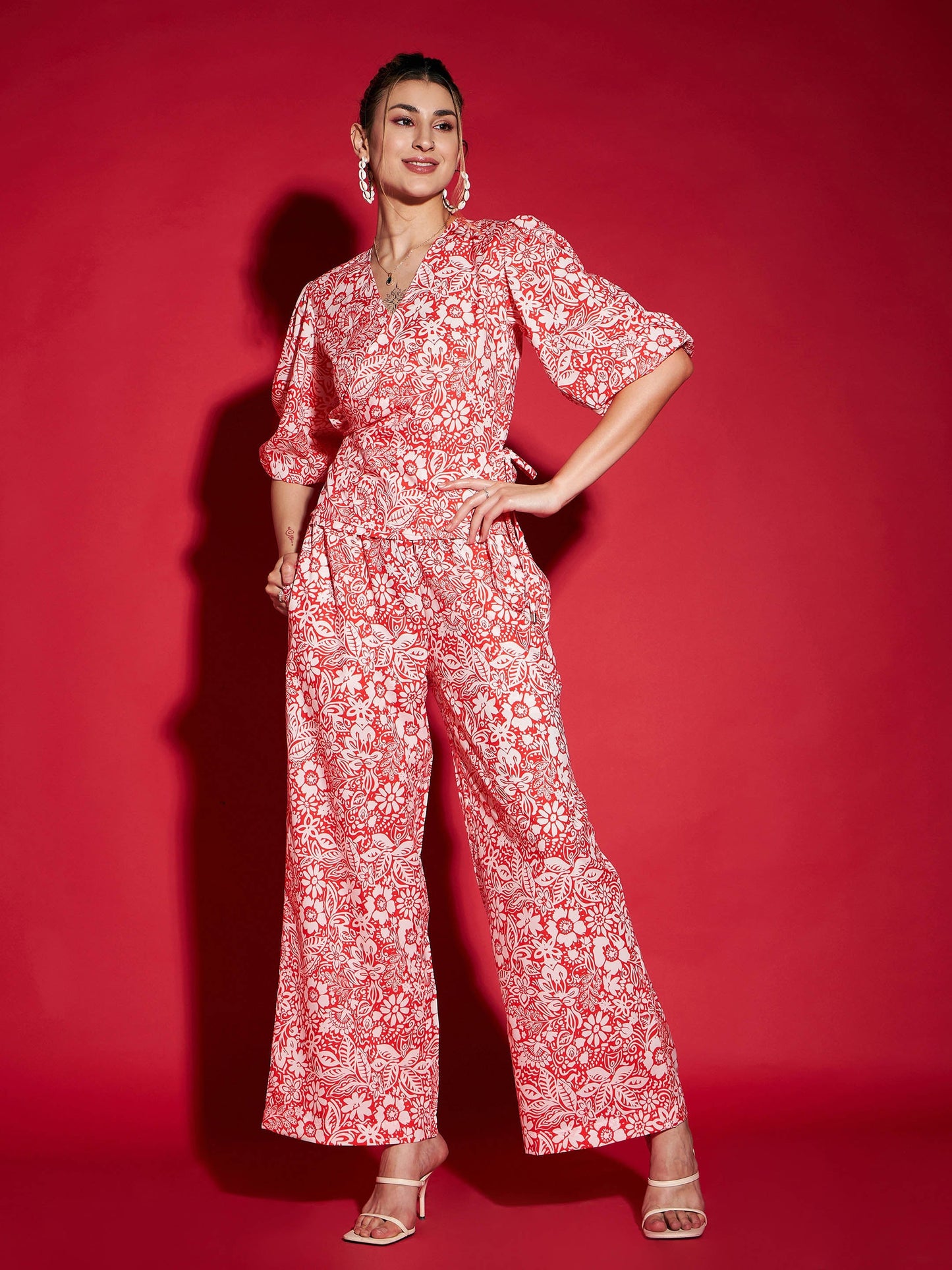 Orange Floral Wrap Top With Straight Pants