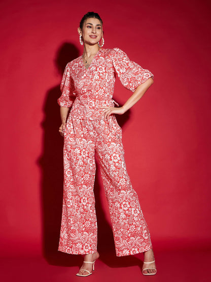 Orange Floral Wrap Top With Straight Pants