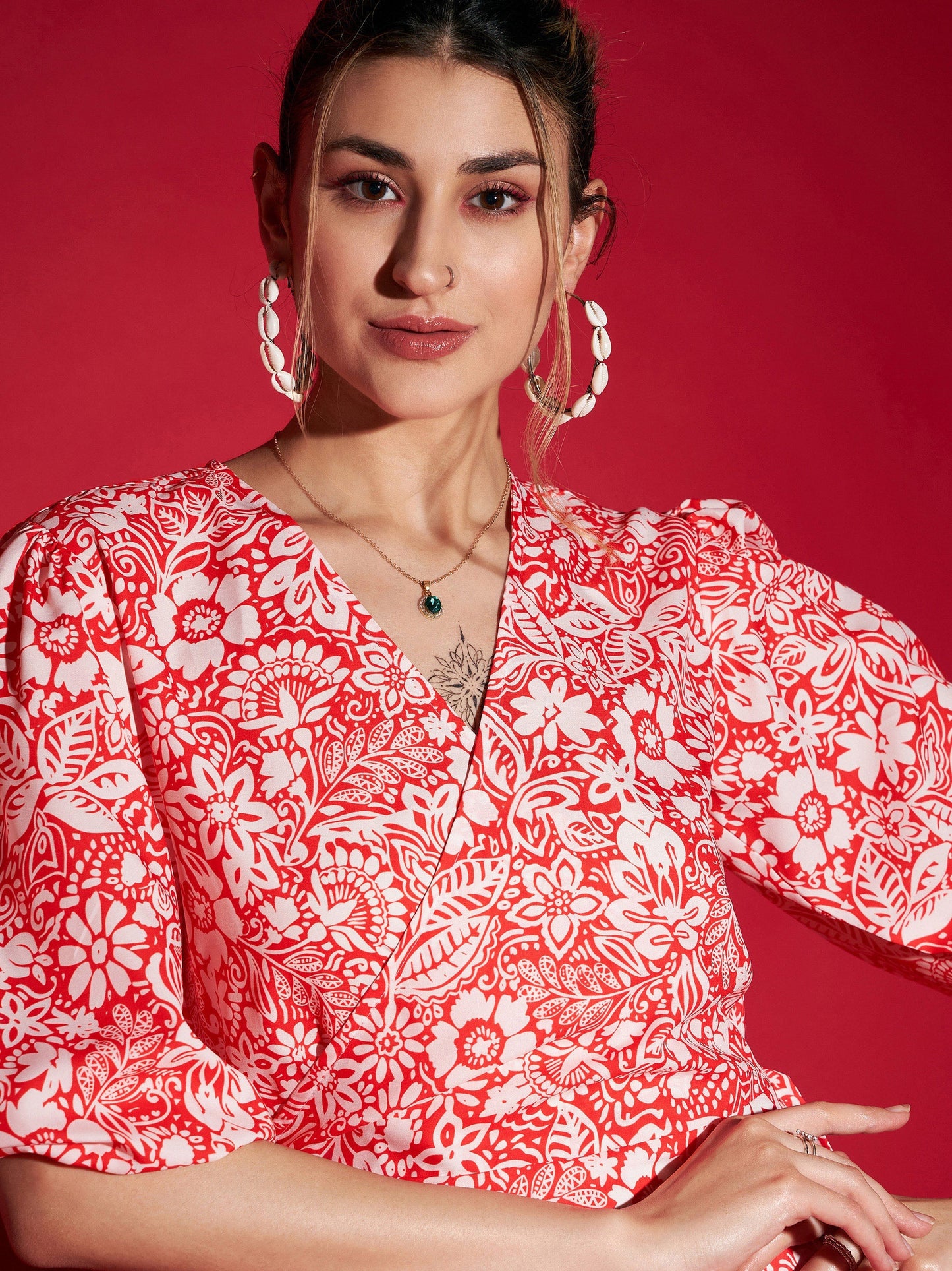 Orange Floral Wrap Top With Straight Pants