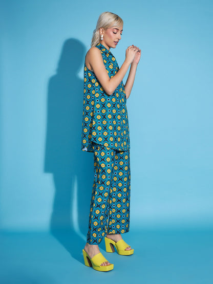 Teal Blue Printed Sleeveless Top With Straight Pants