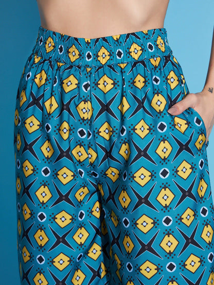 Teal Blue Printed Sleeveless Top With Straight Pants