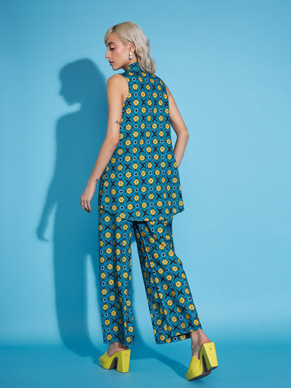 Teal Blue Printed Sleeveless Top With Straight Pants