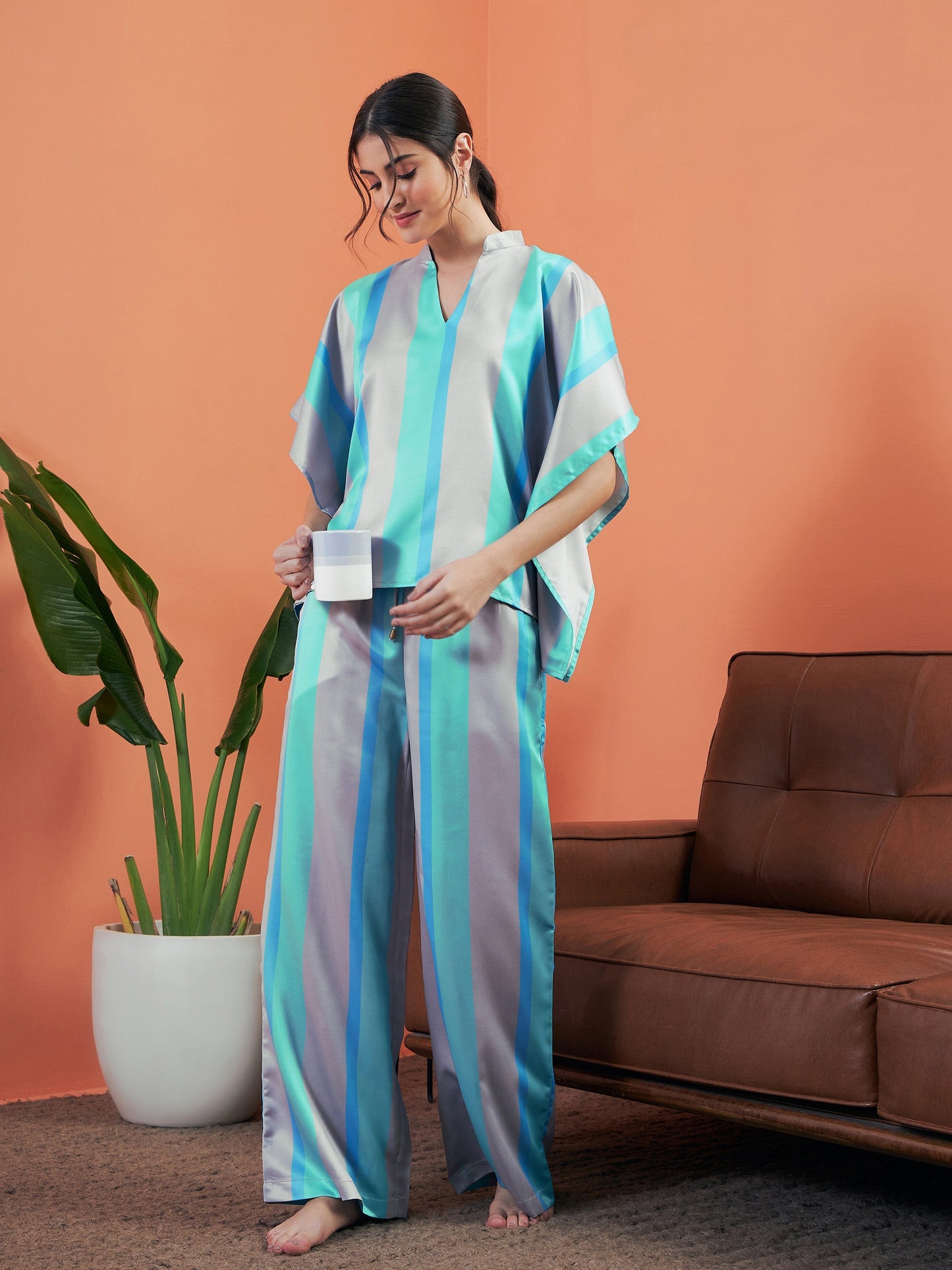 Sea Green Satin Stripe Kaftan Top With Lounge Pants