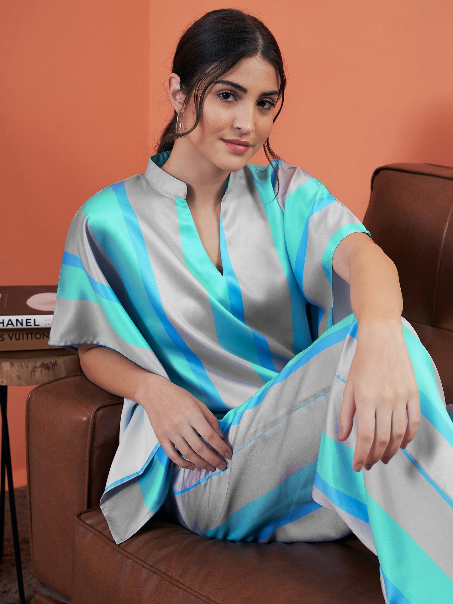 Sea Green Satin Stripe Kaftan Top With Lounge Pants