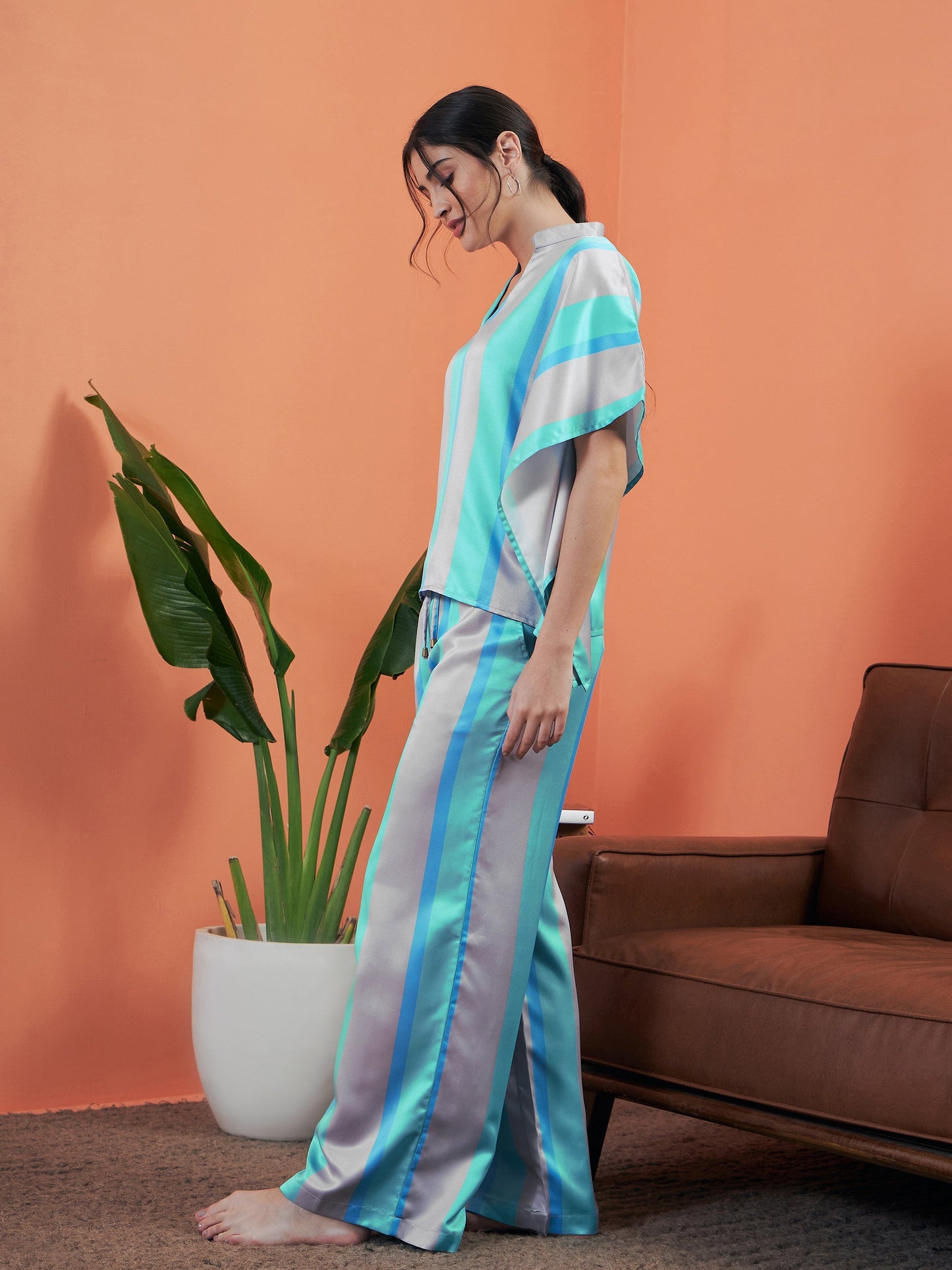 Sea Green Satin Stripe Kaftan Top With Lounge Pants