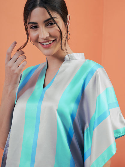 Sea Green Satin Stripe Kaftan Top With Lounge Pants