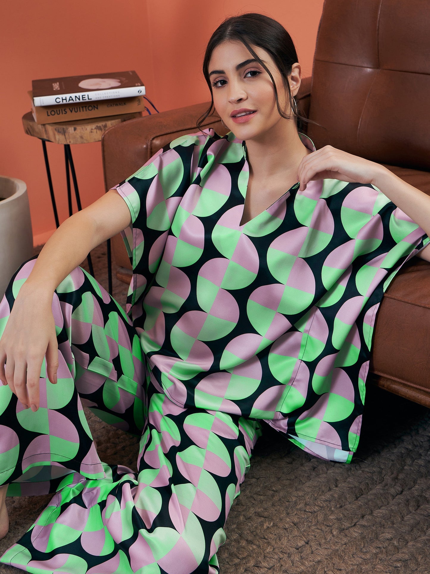 Black Satin Abstract Printed Kaftan Top With Lounge Pants