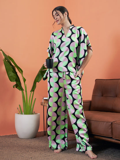 Black Satin Abstract Printed Kaftan Top With Lounge Pants