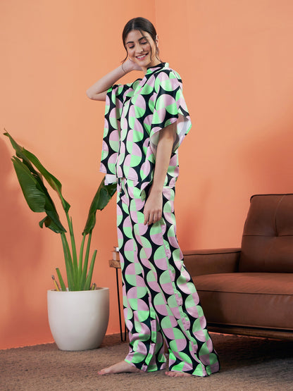 Black Satin Abstract Printed Kaftan Top With Lounge Pants