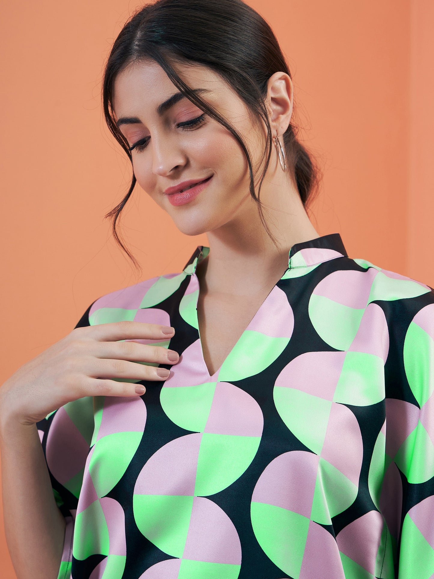 Black Satin Abstract Printed Kaftan Top With Lounge Pants