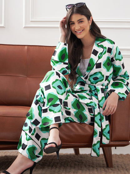 Green & White Satin Belted Shirt With Lounge Pants
