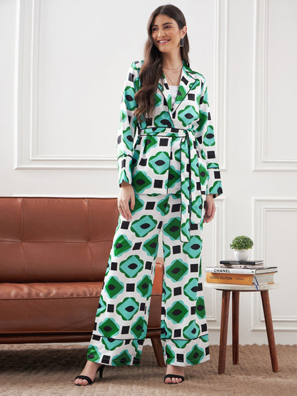 Green & White Satin Belted Shirt With Lounge Pants