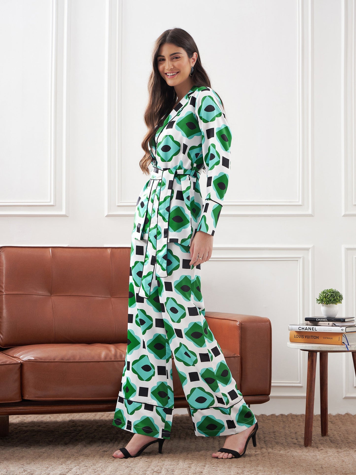 Green & White Satin Belted Shirt With Lounge Pants