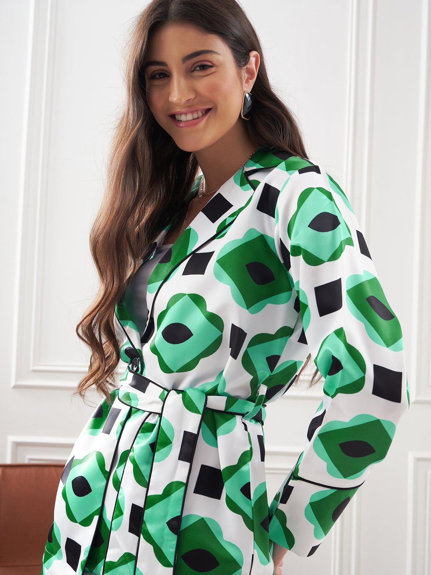 Green & White Satin Belted Shirt With Lounge Pants