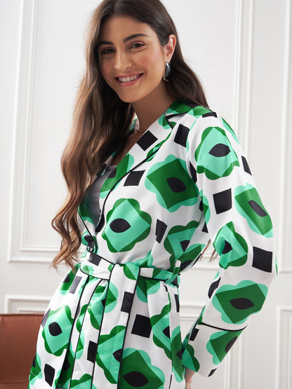 Green & White Satin Belted Shirt With Lounge Pants